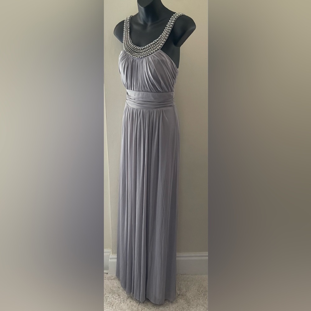 May Queen Silver Chiffon Maxi Dress with Embellished Neckline Size 6